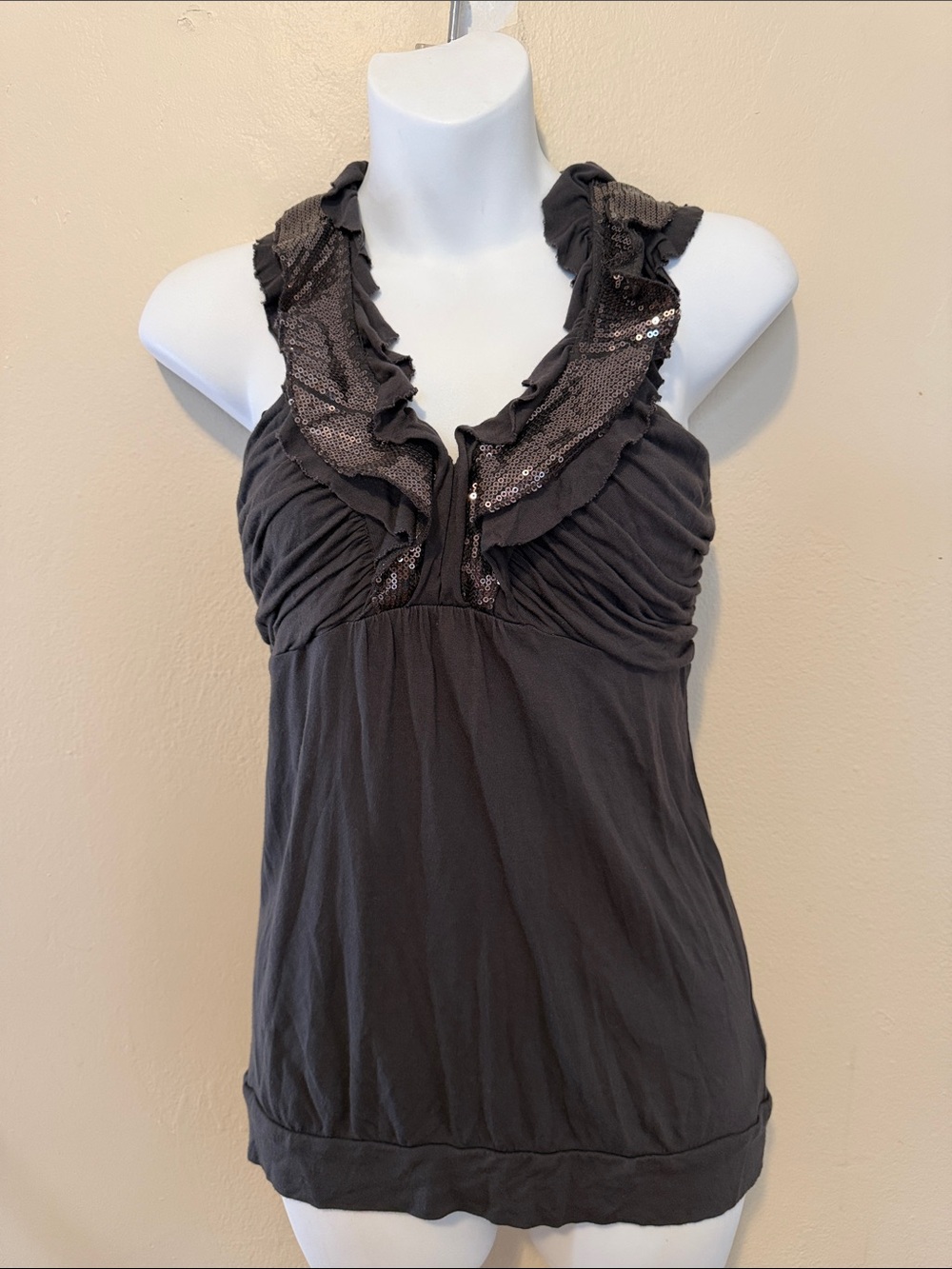 Express Black Ruffled Sequin-Trim Tank Top